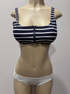 Shade & Shore Striped Bikini Set Zip Front Top White Bottoms w/ Removable Pads